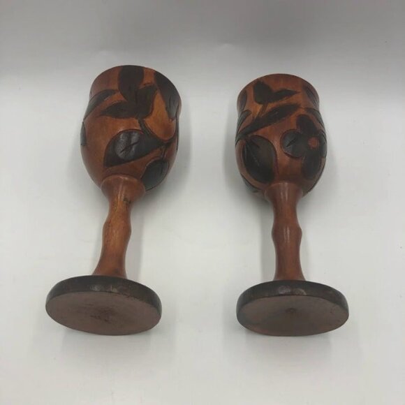 Vintage Hand Carved Wood Goblets Floral Design Collectible Set of 2 - Picture 8 of 12